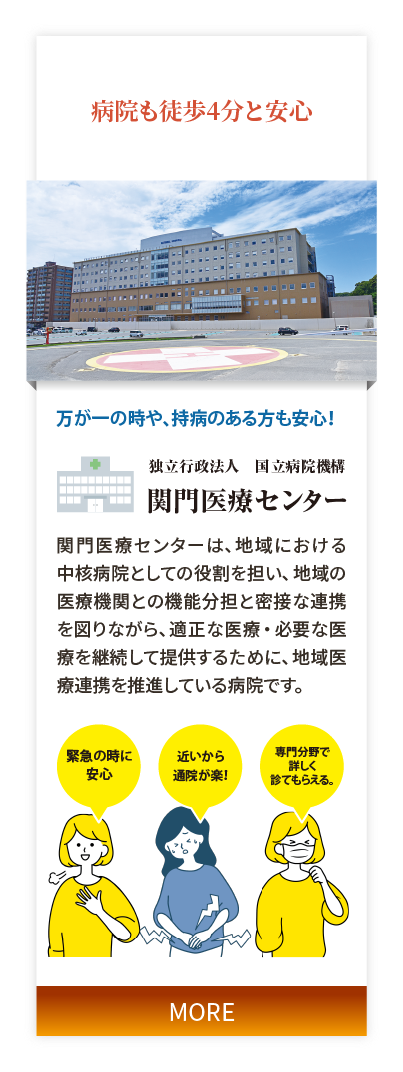 病院も徒歩4分と安心。関門医療センターは、地域における中核病院としての役割を担い、地域の医療機関との機能分担と密接な連携を図りながら、適正な医療・必要な医療を継続して提供するために、地域医療連携を推進している病院です。