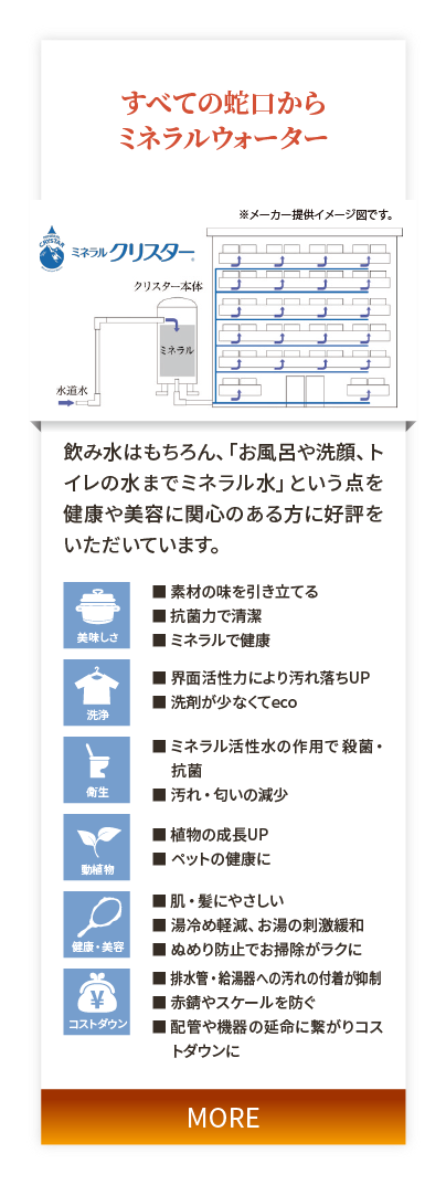 すべての蛇口からミネラルウォーター。飲み水はもちろん、「お風呂や洗顔、トイレの水までミネラル水」という点を健康や美容に関心のある方に好評をいただいています。