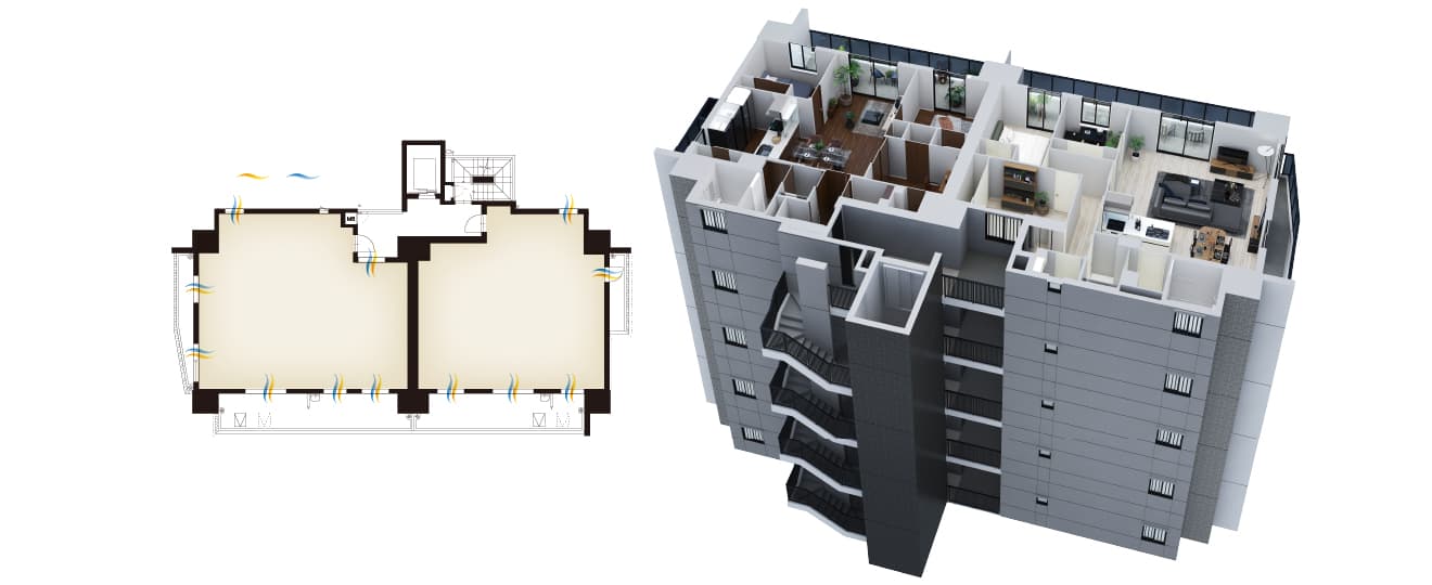 1フロア2レジデンスの間取り図と断面CG